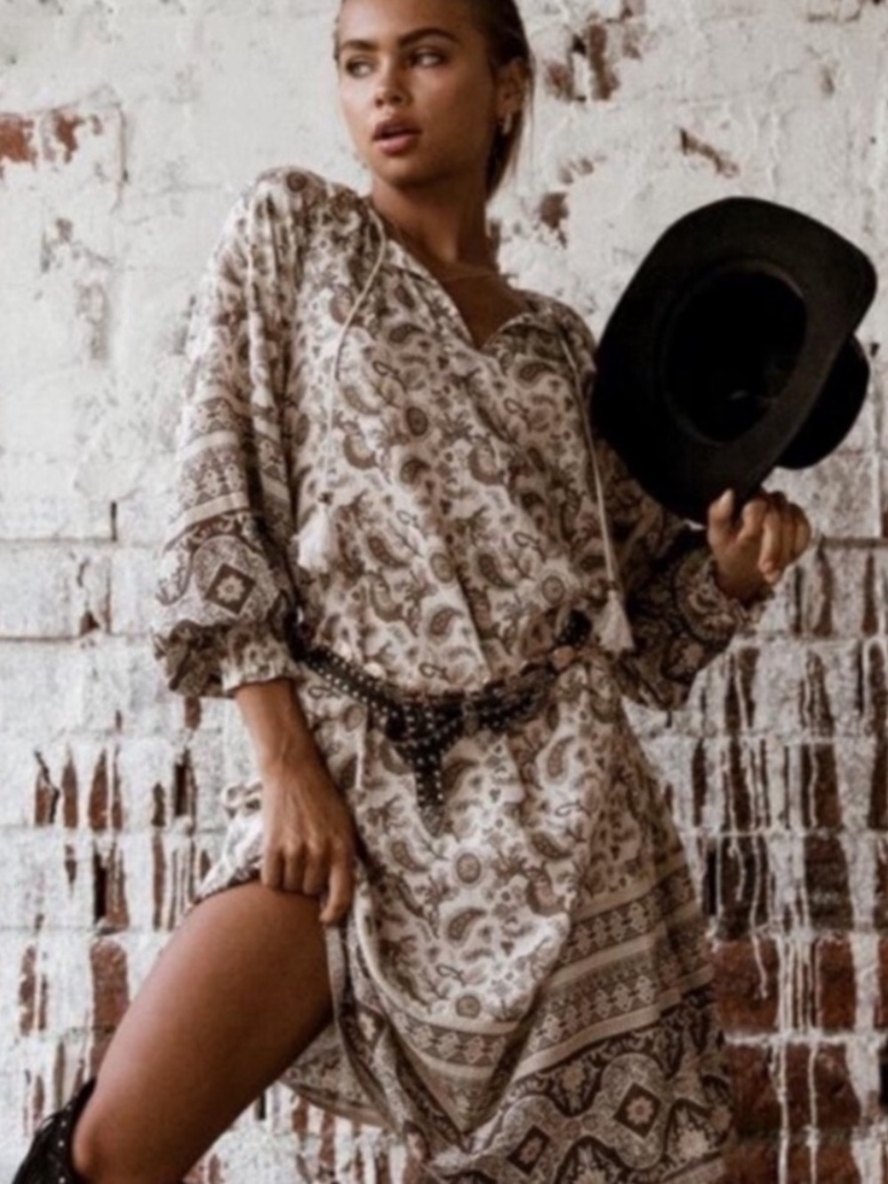 Spell Dress Ash Journey Boho Midi in Grey Taupe Paisley